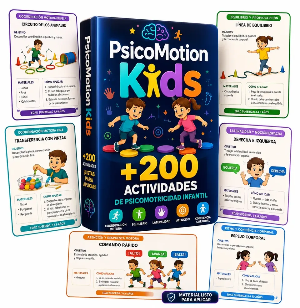 Mockup del pack PsicoMotion Kids con +200 actividades de psicomotricidad infantil